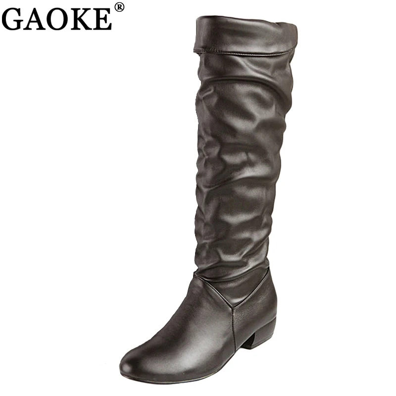 

GAOKE Large size 2018 new arrive Knee high Women Boots Black White Brown flat heels half boots spring autumn shoes woman
