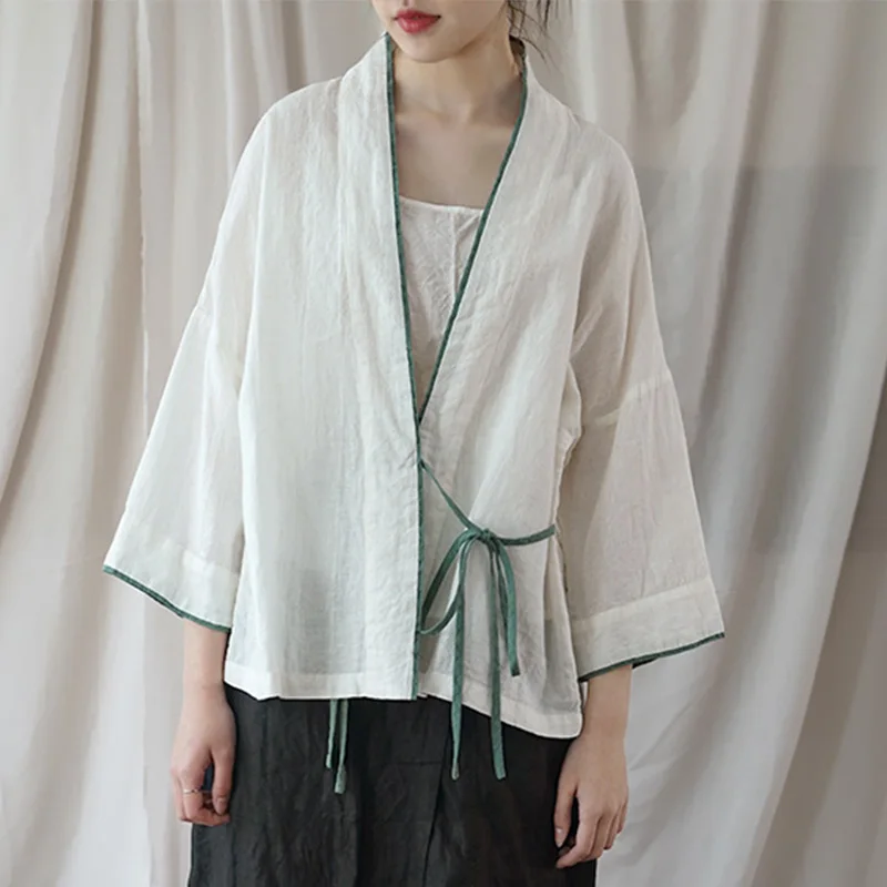 SCUWLINEN Женская винтажная блузка Zen Ramie в китайском стиле с v-образным вырезом и