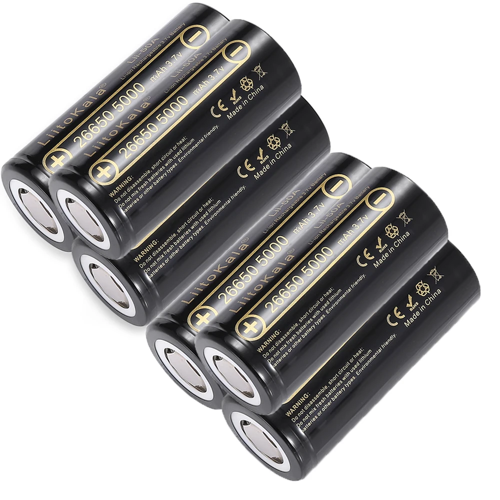 6pcs liitokala 26650 5000mah 26650 50a li ion 3 7v rechargeable battery