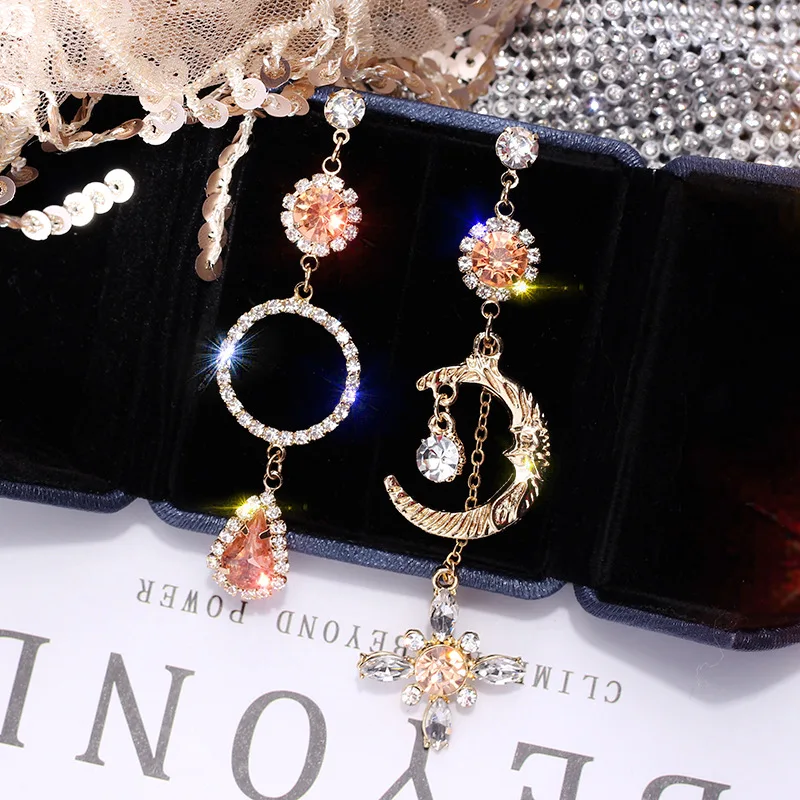 

European Exaggerated Asymmetrical Zircon Drop Earrings for Women Korean Female Personality Moon Long Tassel Earrings Jewelry