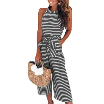 

Women Sleeveless Jumpsuit Striped Round Neck Slim Fit Casual Playsuit for Summer JL