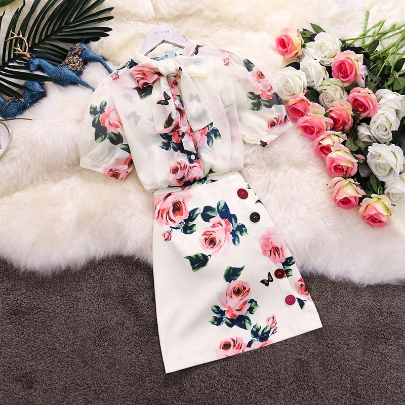 

2019 Summer New Fashion Runway Rose Floral Print Skirt Two Piece Set Women's Bow Chiffon Blouse top+Button Skirts Sets