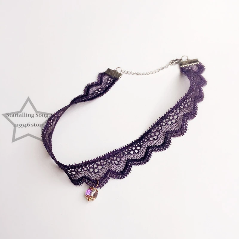 

Handmade 8mm Crystal Charm 2CM Purple Chemical Lace & Stainless Steel Findings Jewelry Choker Necklaces
