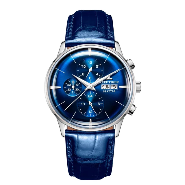 Reef Tiger/RT Top Luxury Fashion Watch Mens All Blue Multi Function Mechanical Wristwatch Relogio Masculino RGA1699 RGA1699-YLL