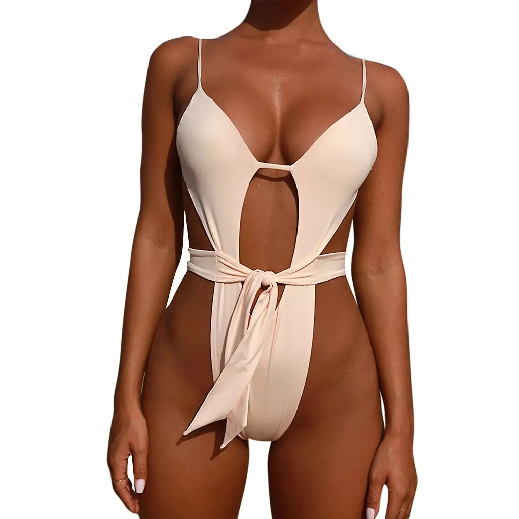 

Feitong Women Sexy One Piece Swimsuit Solid Color Ladies Hollow Push-Up Padded Swimwear Beachwear Monokini maillot de bain femme
