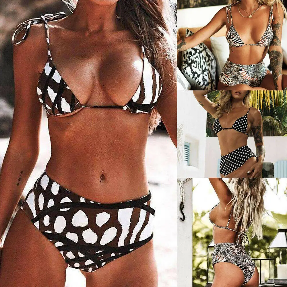 

Sexy Womens Lace Up Bikini 2Pcs High Waist Swimsuit Padded Push Up Bra Beachwear