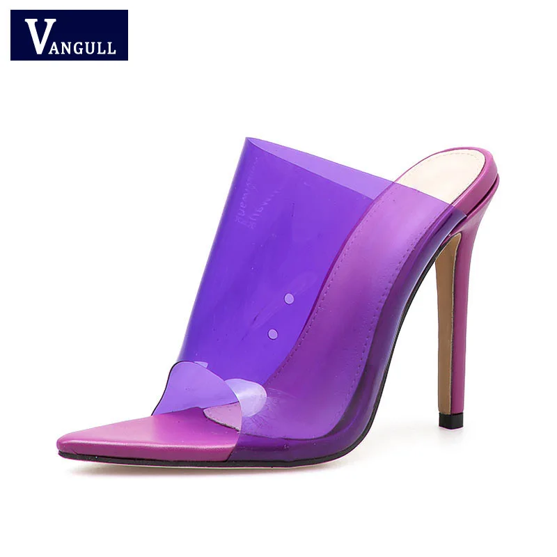 

2019 New PVC Purple Red Slippers Open Toed Sexy Thin Heels Women Transparent Heel Sandals Slides Pumps Jelly Shoes