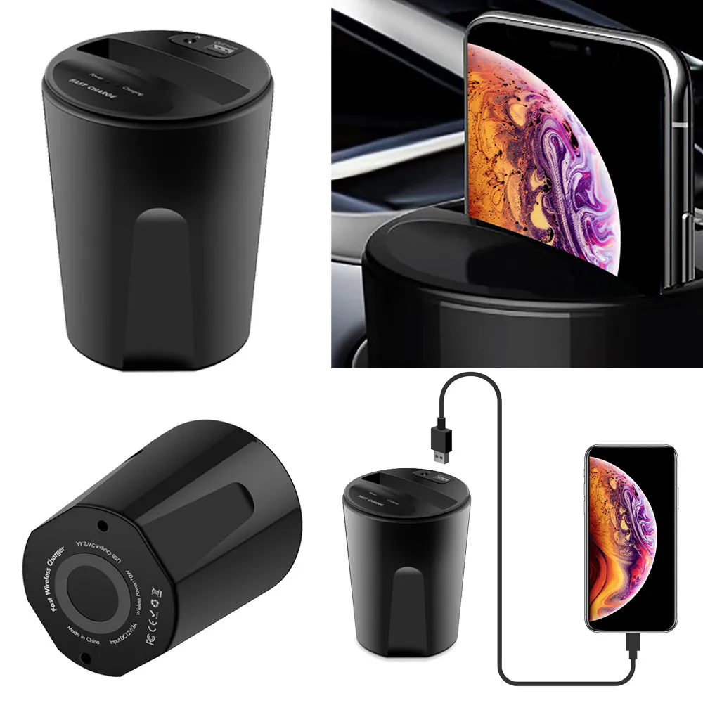 2018 Black Cylindrical Hot Sale 10W X8 Car Wireless Charger Cup with USB Output for iPhoneXS/X/8