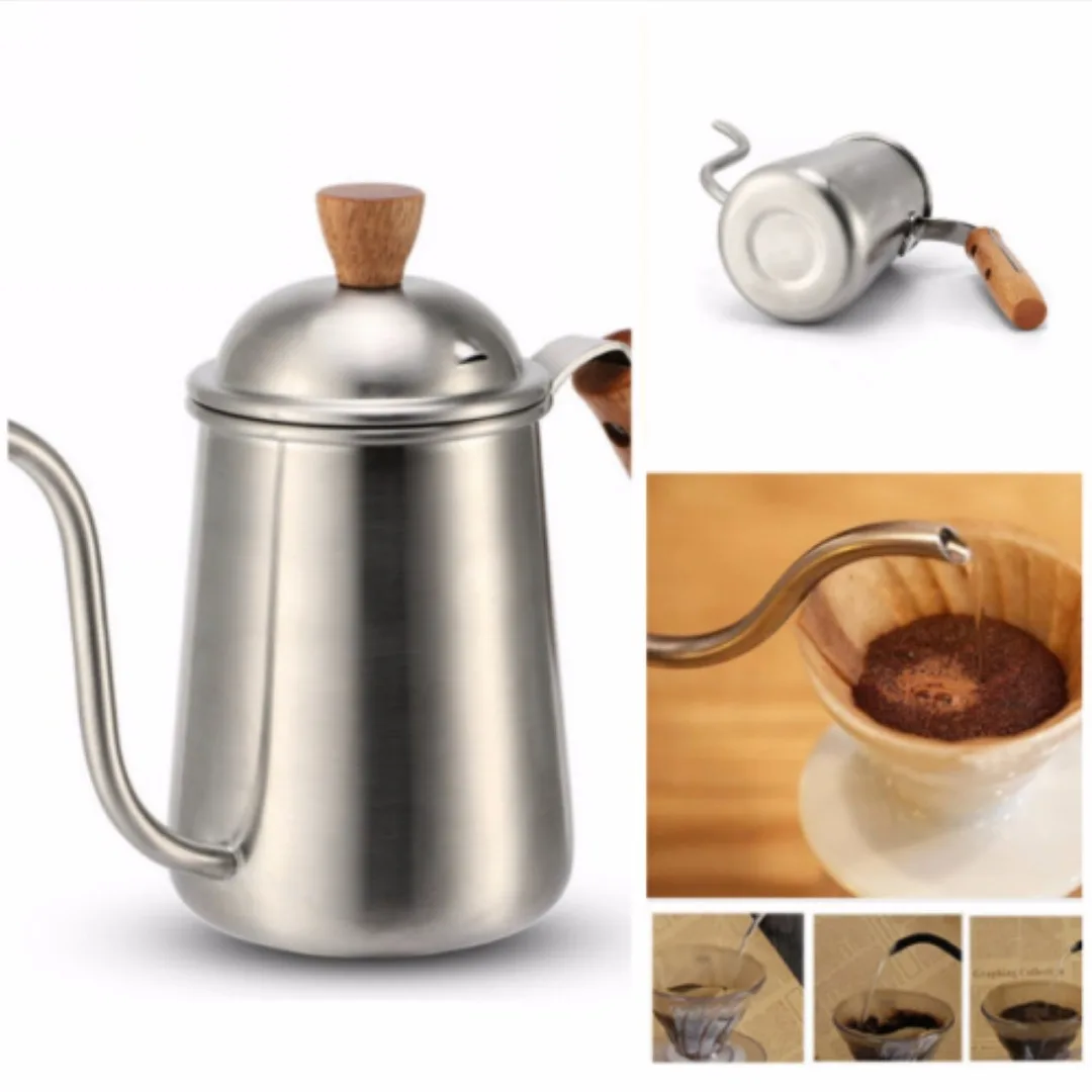 JX-LCLYL Stainless Steel 650ML Tea Kettle Drip Coffee Pot Pour Gooseneck Wood Handle