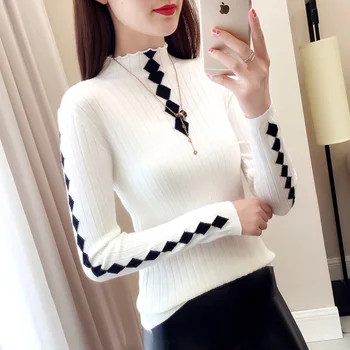 

2020 autumn new style thin knitted long sleeved blouse, female half high collar, bottoming shirt, diamond, color, and sweater.
