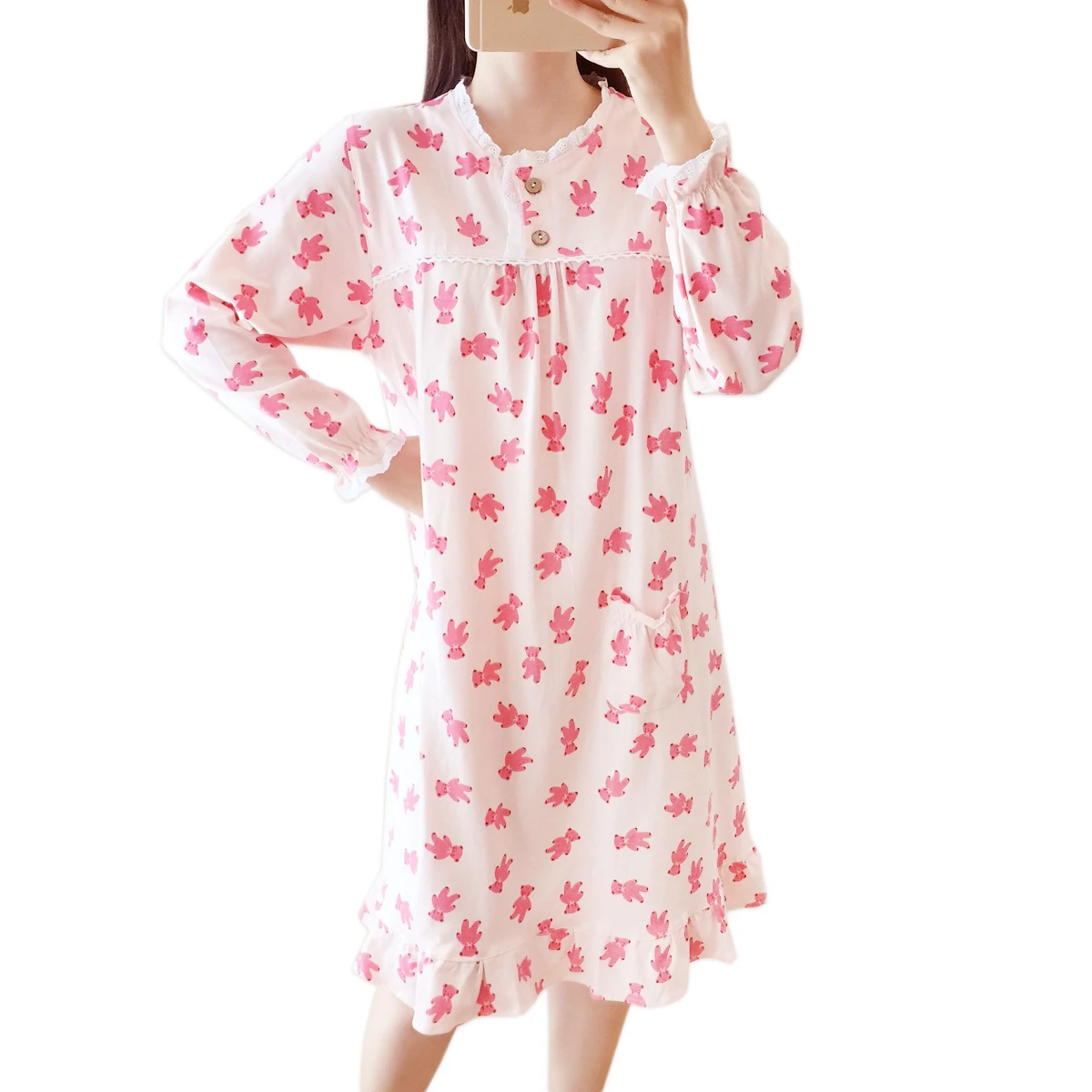 

New sweet pink bear women sleepdress summer 100% knit cotton long sleeves nightgowns casual Women Sleepwear nightdress