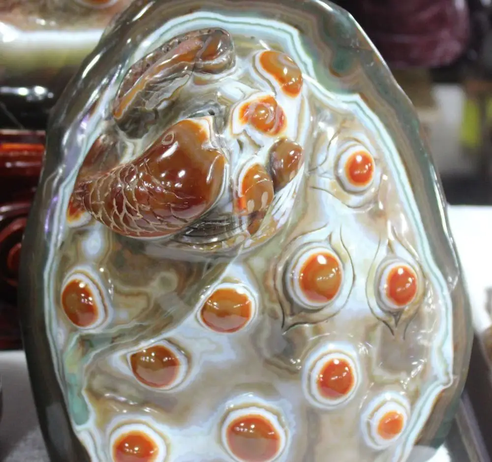 

12Rare Authentic Collection Natural Onyx Agate DzI 14 Eyes Amulet Fish Statue
