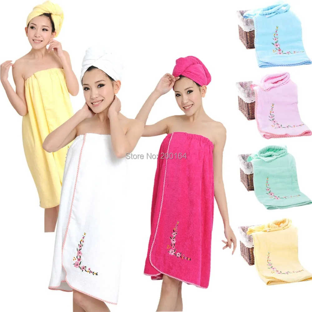New 2016 Bath Towel Set - 1PC Women Bathrobe + 1PC Hair Cap 100% Cotton Plain Spa Beach Towel Dressing Gown Turban bathroom set