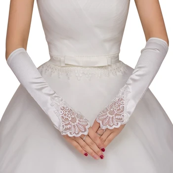 

Women Fingerless Bridal Long Gloves Lace Trim Wedding Party Elbow Length Elegant