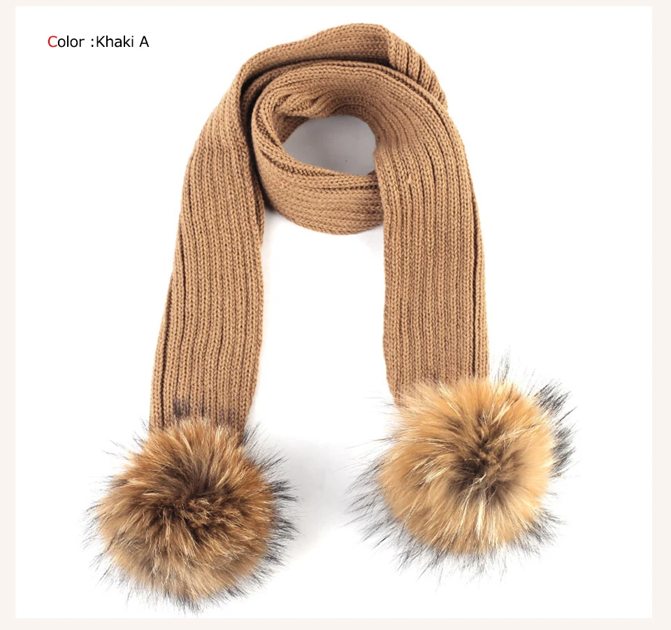 Geebro Kids Knitted Scarf With Double Raccoon Fur Pompom Boys and Girls Cashmere Plain Shawl Wrap Winter Warm Accessories DQ867