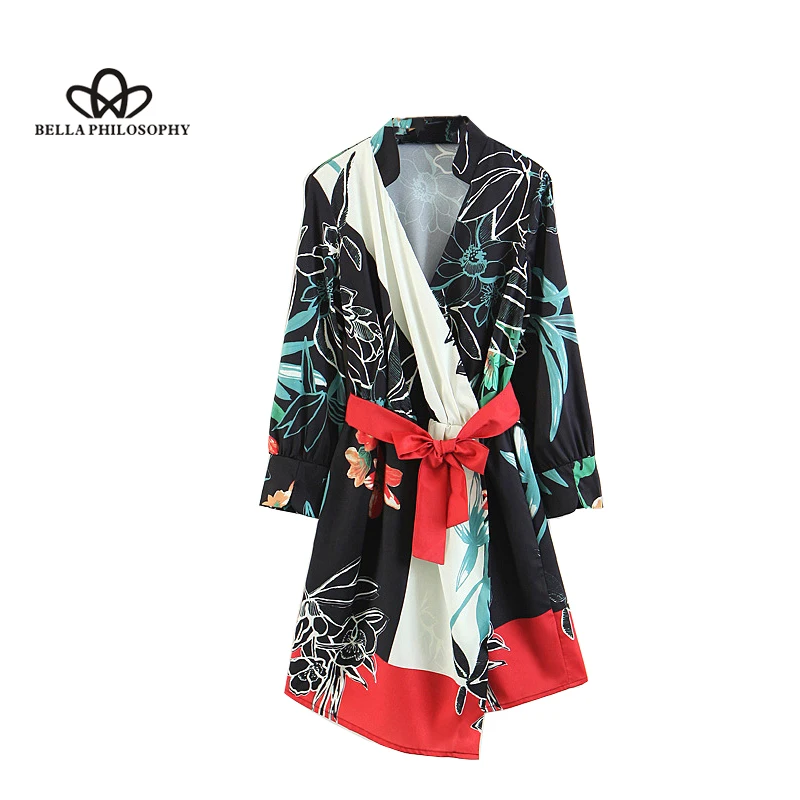 

Bella Philosophy 2018 spring sashes printed women shirt long sleeves female kimono v-neck wrapped women blouse
