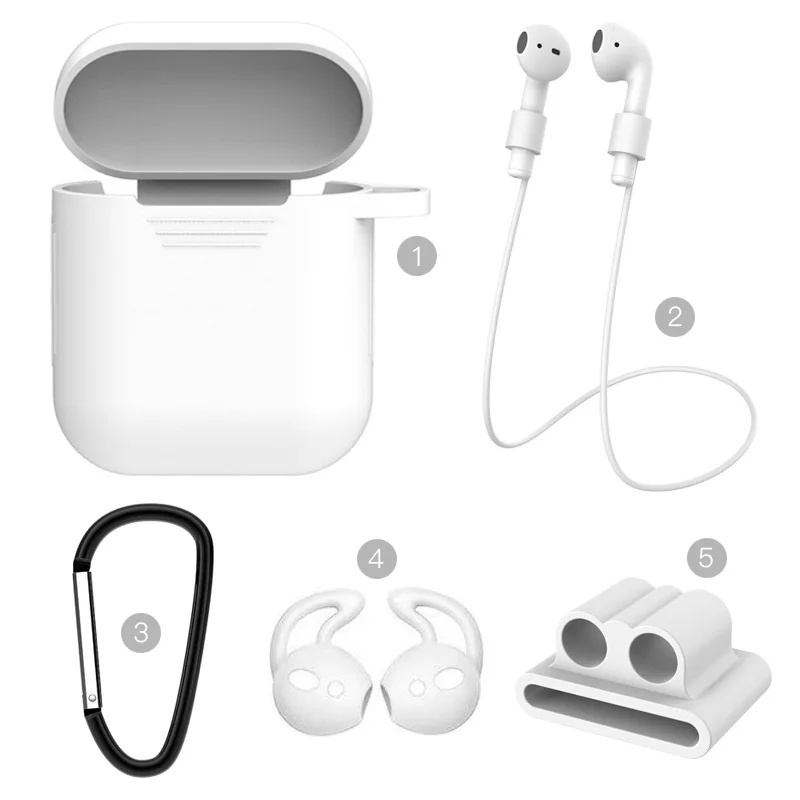 Чехол Airpod для Apple, мягкий силиконовый чехол для Airpods, беспроводная гарнитура, противоутеряющие веревки, силиконовые наушники, набор из 5 предметов - Цвет: White-No headphones