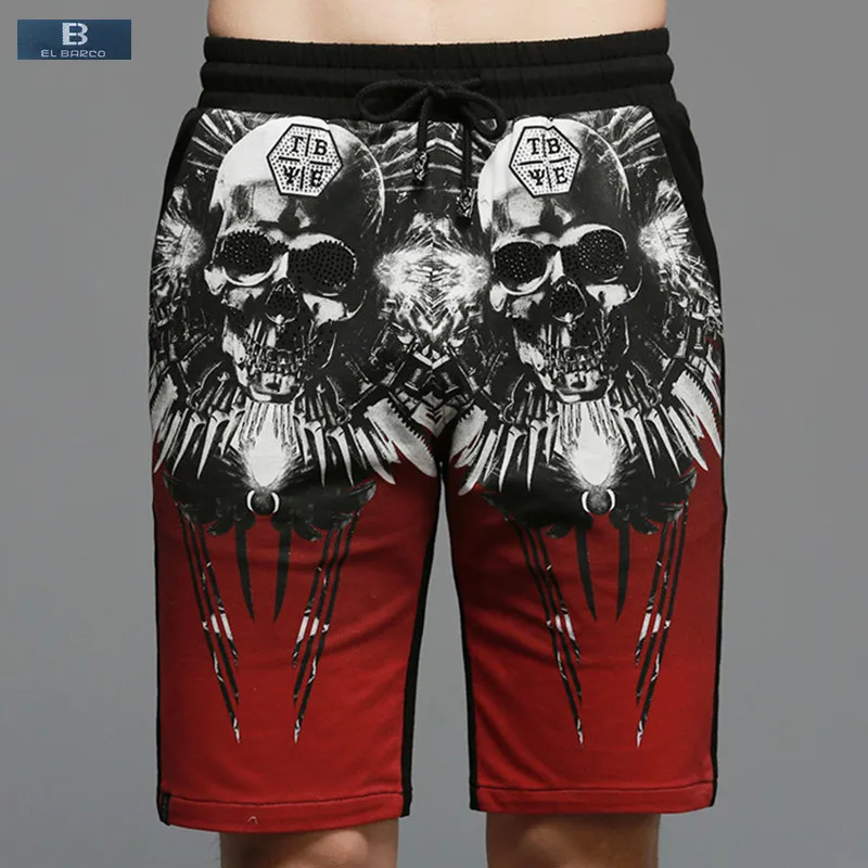 

[EL BARCO] 2017 High Quality Cotton Skull Print Summer Men Casual Shorts Knee-Length Pocket Straight Soft Blue Red Male Trousers