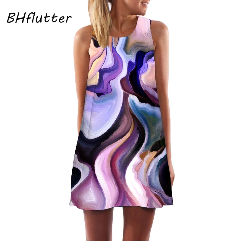 BHflutter Vestidos Verano женское платье с цветочным принтом повседневное шифоновое летнее платье в богемном стиле пляжное короткое платье Мини Сарафан