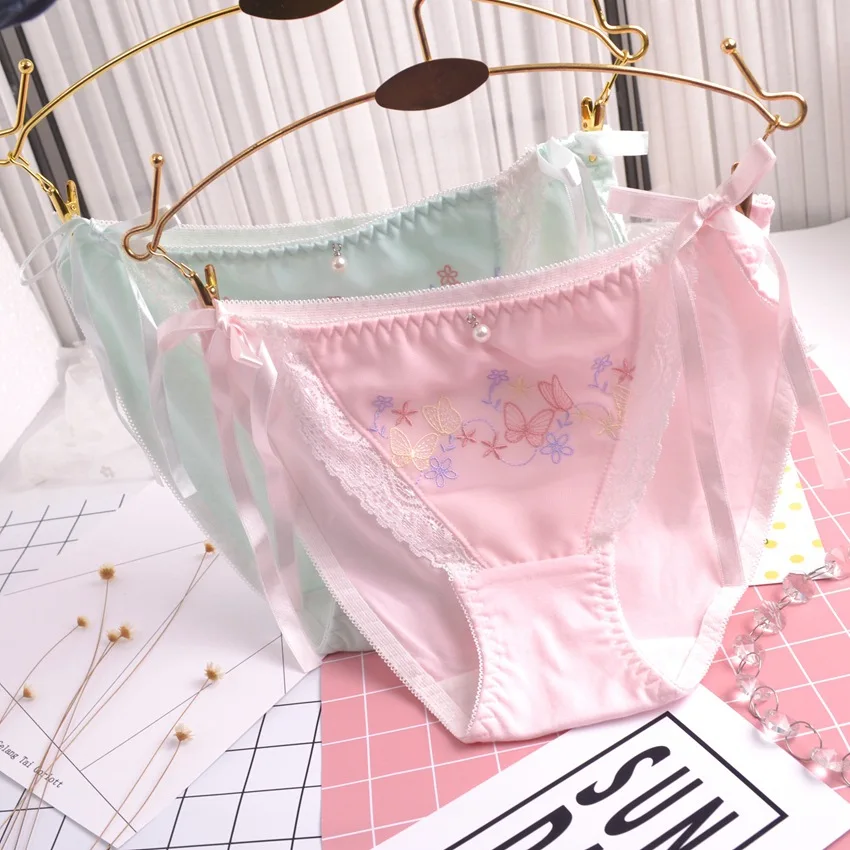 sexy ribbon lace bow tie pure cotton embroidery irl briefs thon tana