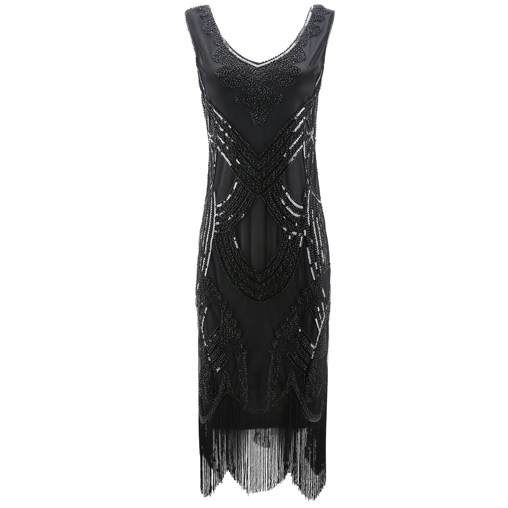 Женское платье в стиле ретро 1920s Great Gatsby, винтажное платье с двойным v-образным вырезом и бахромой, вечерние платья в стиле арт-деко с бусинами и блестками