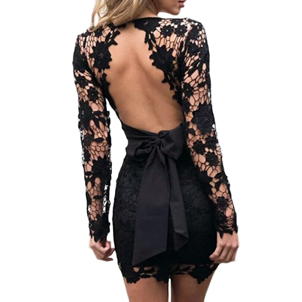 

Sexy Women Mini Bodycon Dress Lace Hollow Out V-Neck Long Sleeves Elegant Ladies Backless Dress Pink/Black Summer Dress 2019