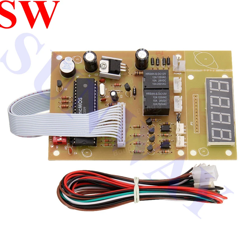Placa de temporizador de control de tiempo de 4 dígitos de 12 V con arnés de cables Fuente de alimentación para selector de monedas, bomba de agua, lavadora