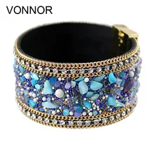 VONNOR Jewelry Fashion Women Leather Bangle Bracelet with Magnetic clasp Stones Bracelets Female Accessories