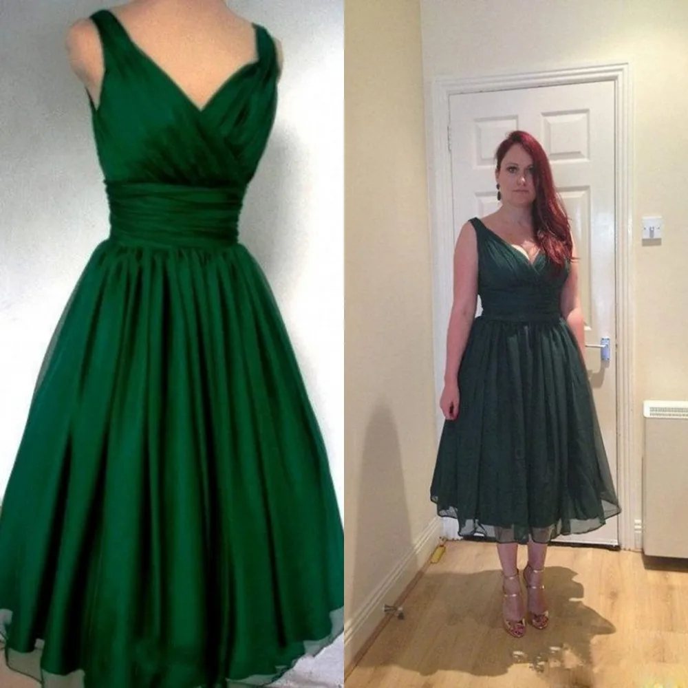 2016 Emerald Green Chiffon Cocktail Dress Vintage Tea Length Cheap