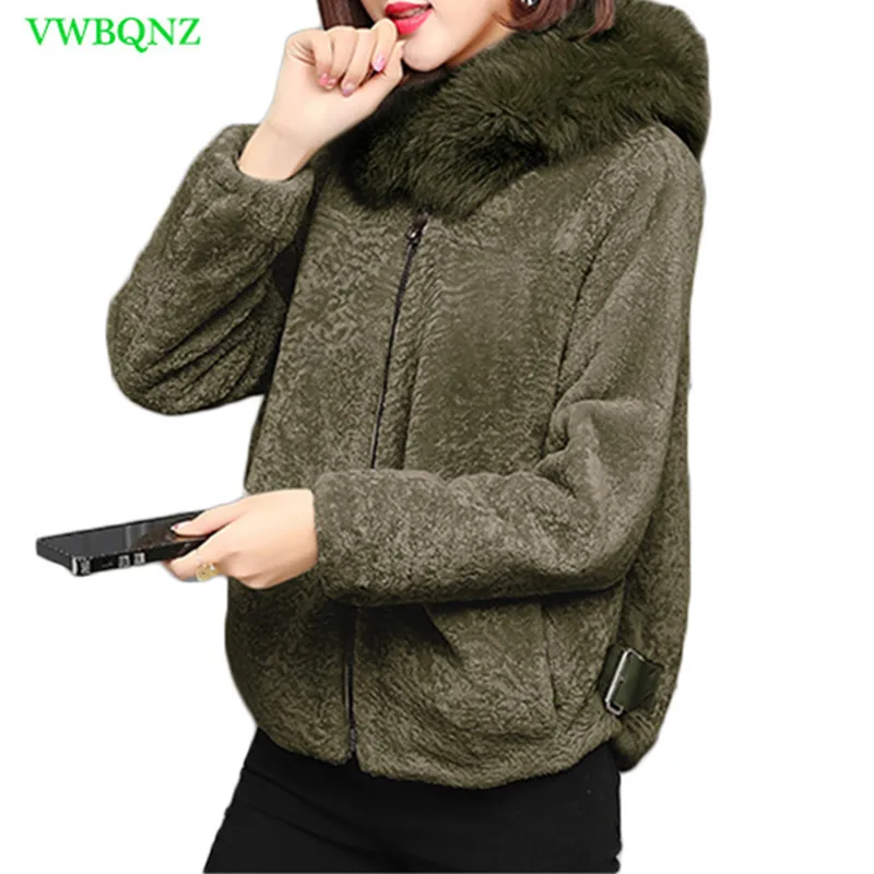 

Fur Story Women High imitation Sheep Shearing Fur Coat Winter Sheep Sheared Hooded Jacket Women's sheepskin Plus size Coat A760