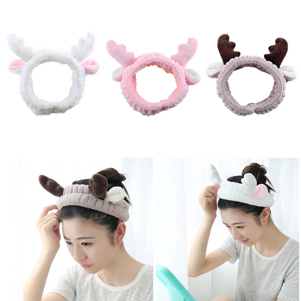 

3 Colors Women Elastic Hair Soft Cotton Antler Shape Headbands Bath Wash Face Makeup Band Beauty Shower Hairband