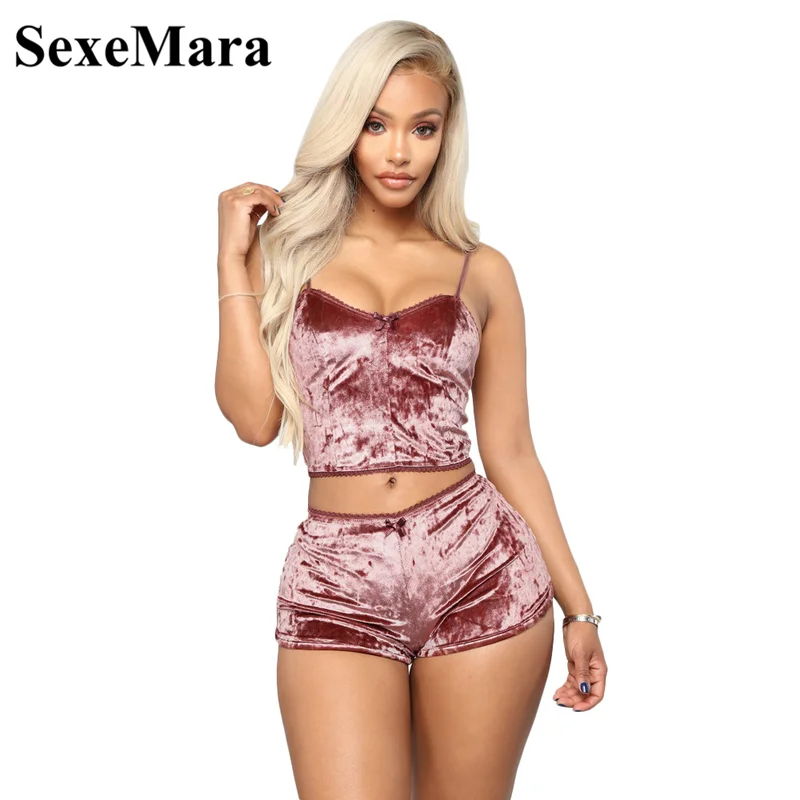

ANJAMANOR Sexy Lace Trim Velvet Two Piece Set Crop Top and Shorts Pink Red Matching Sets Night Club Outfits Fashion D43-AA06