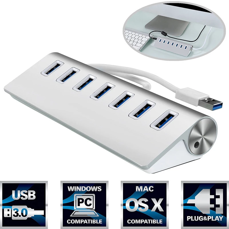 USB3.0 концентратор Алюминий 7 Порты высокое Скорость для Macbook Pro для Mac, ПК, ноутбука Лидер продаж Светодиодный концентратор