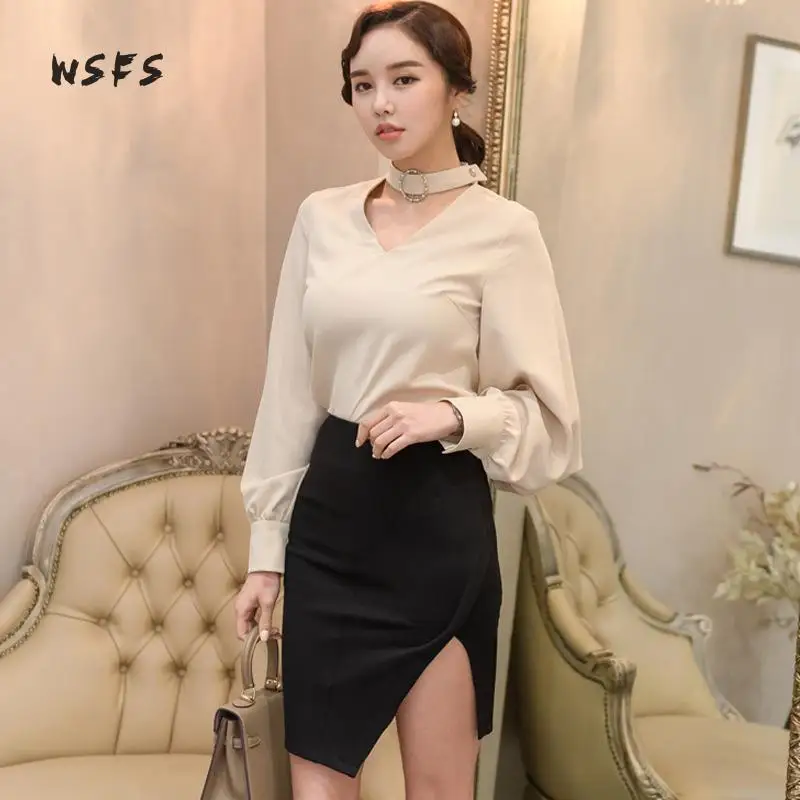 Hauts Jupes 2 Blouses Ensembles Bandage Noir En See Costumes Manches Lanter À Chemise Pièces V Long Vintage Asymétrique D'été De Robe Bureau Picture Col nqAZAXr