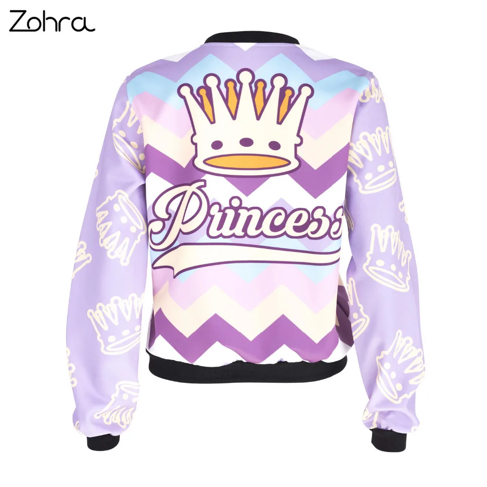 Zohra New Spring Women Bomber Jacket Princess Zyg Zag Printing Jaqueta Feminina Fashion Sexy Slim Basic Jacket for Woman