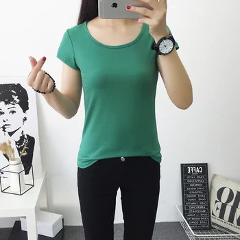 

2018 spring summer O-neck women shirts T-shirts women tops & tees basic shirt women t shirt solid color green