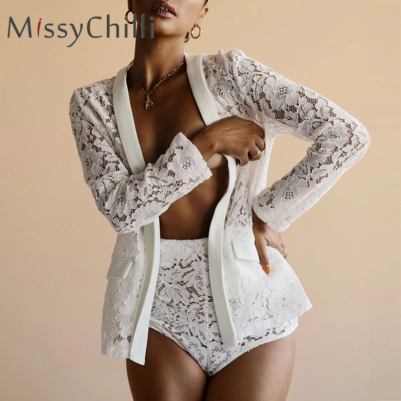 MissyChilli Black sexy jumpsuit rompers Women winter elegant transparent bodysuit Lace hollow out two piece suit short playsuit