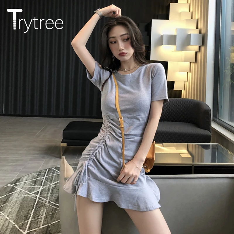 Trytree повседневное однотонное платье для лета и осени эластичное сексуальное
