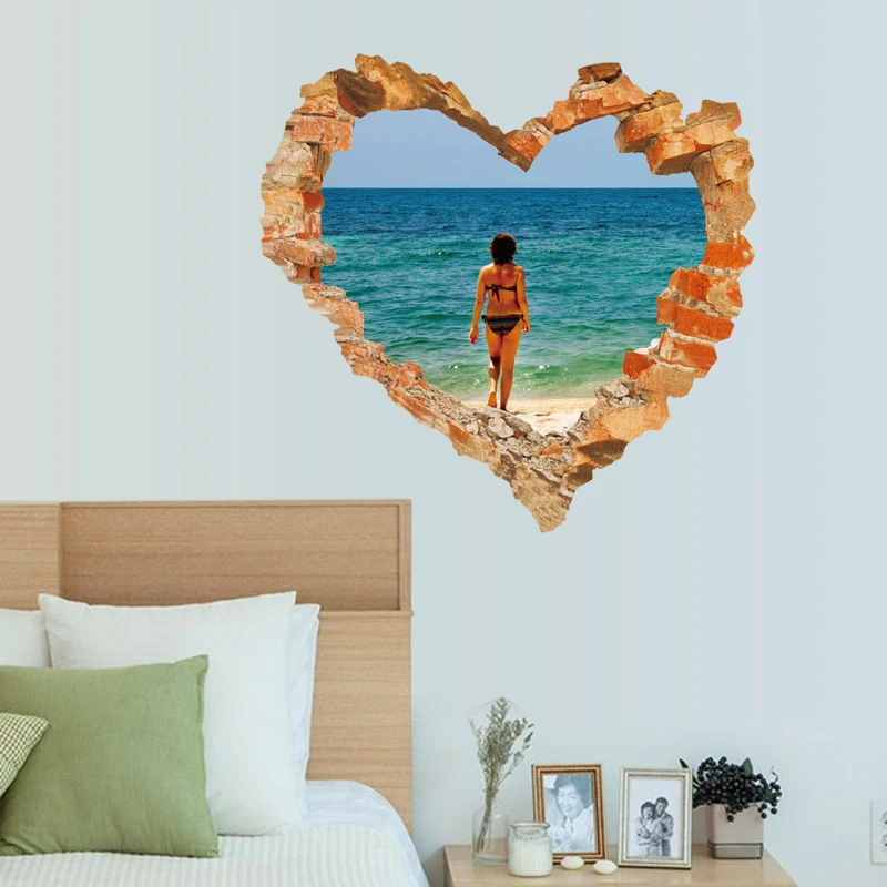 Bikini Girl Seaside Beach heart shaped 3D DIY Wall Sticker Nursery Kids