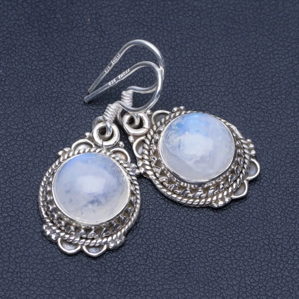 

Natural Rainbow Moonstone Unique Punk Style 925 Sterling Silver Earrings 1 1/4" P1450