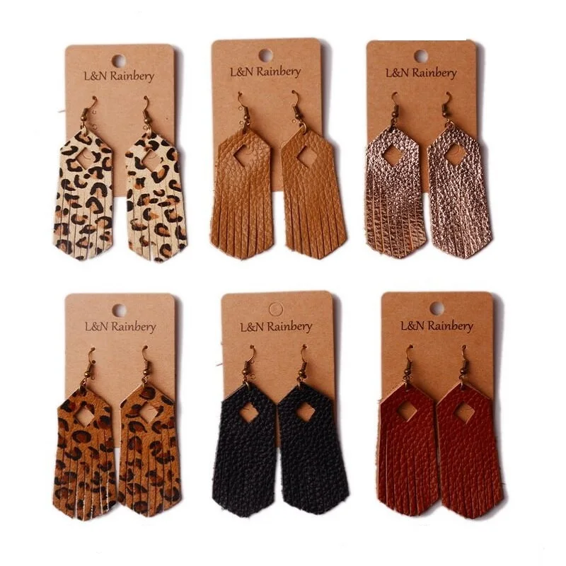 

New Style True Leather Earring Leopard-Print Fringed Earrings for Women Simple Cute Geometric Hollow Tassel Earrings Jewelry