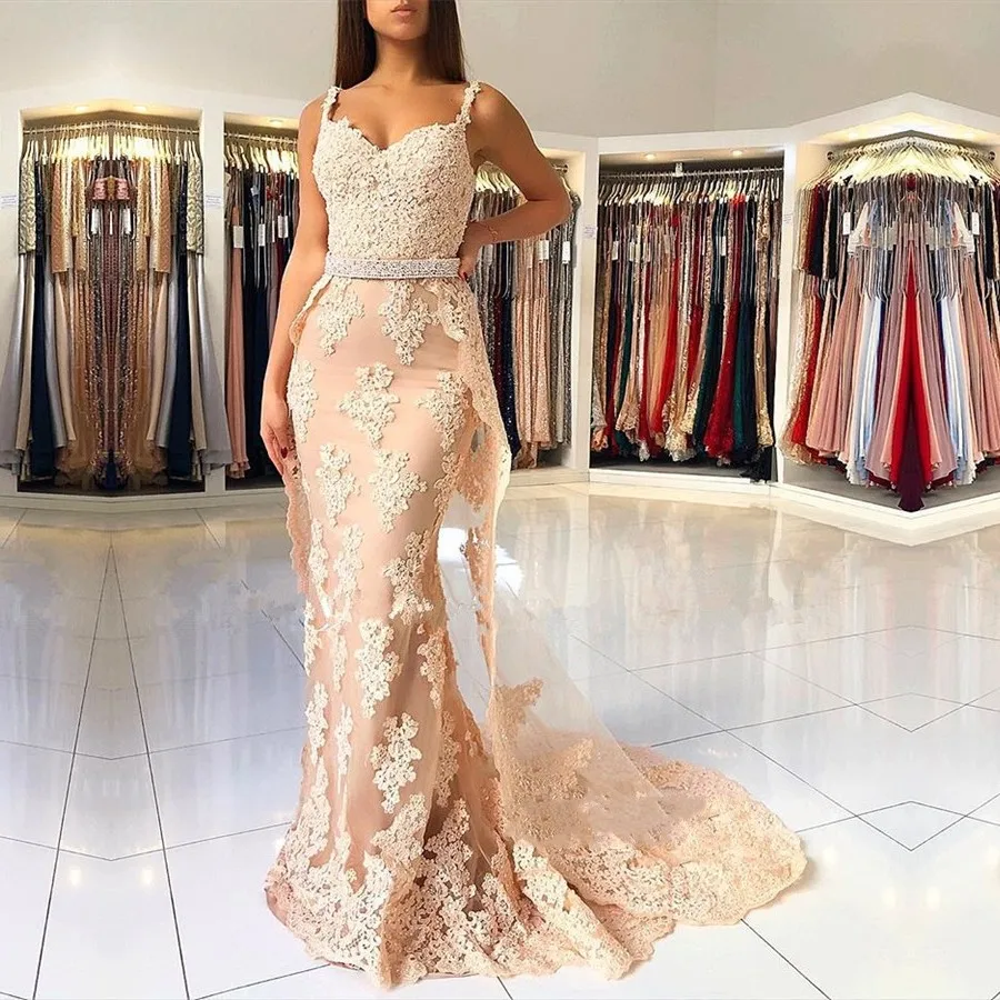 Vestido Гала Потрясающие Красивая Русалка платье для выпускного вечера 2019 Спагетти ремень аппликации кружева Вечеринка платья Для женщин