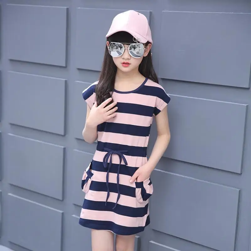 pink with navy blue Платье-футболка для девочек, летнее платье в полоску, платье для малышей, девочек-подростков, Детские платья для девочек детская одежда 6 8 10 для детей 12 лет JW4785A - Цвет: pink with navy blue