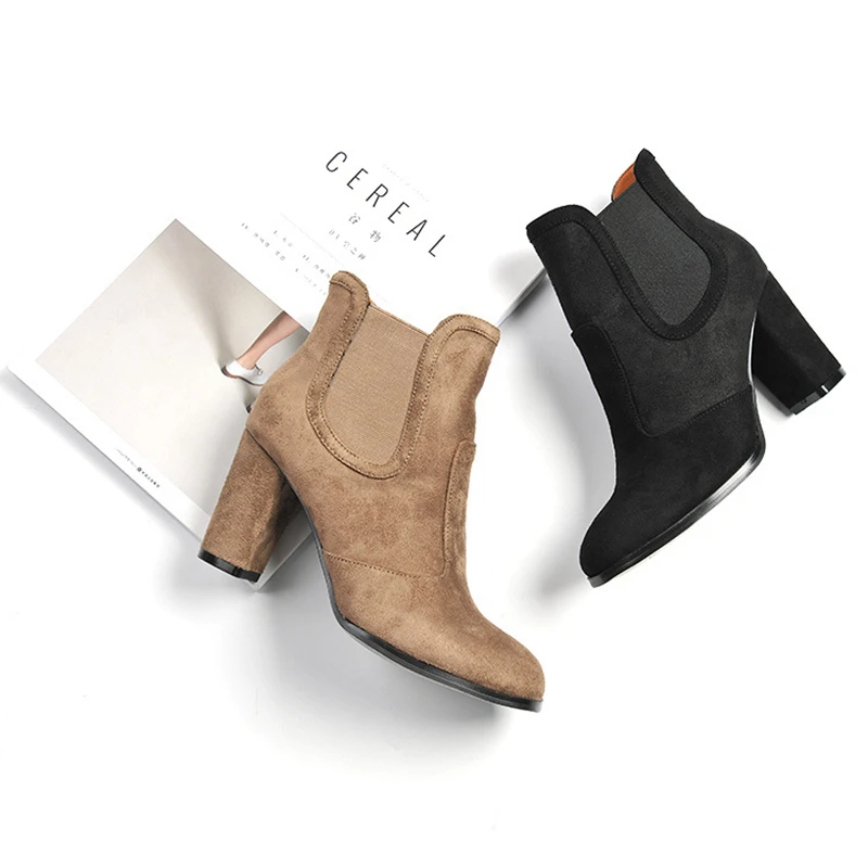 

2018 spring new Chelsea high-heeled ankle boots stylish and comfortable suede elastic with thick round head women's boots.