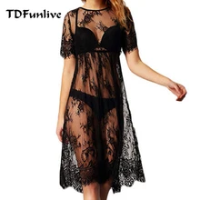 Tdfunlive preto verão feminino sexy maiô rendas crochê biquíni cobrir praia vestido pareo praia túnica capa ups capas(China)