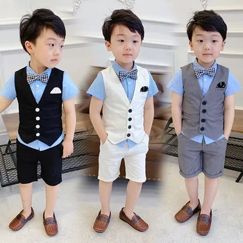 

4 PCS Summer Vset Shorts Shirt Tie New Fashion Boy Formal Vest Wedding Outfit Vestidos Child Suits For Prom Party Cool White