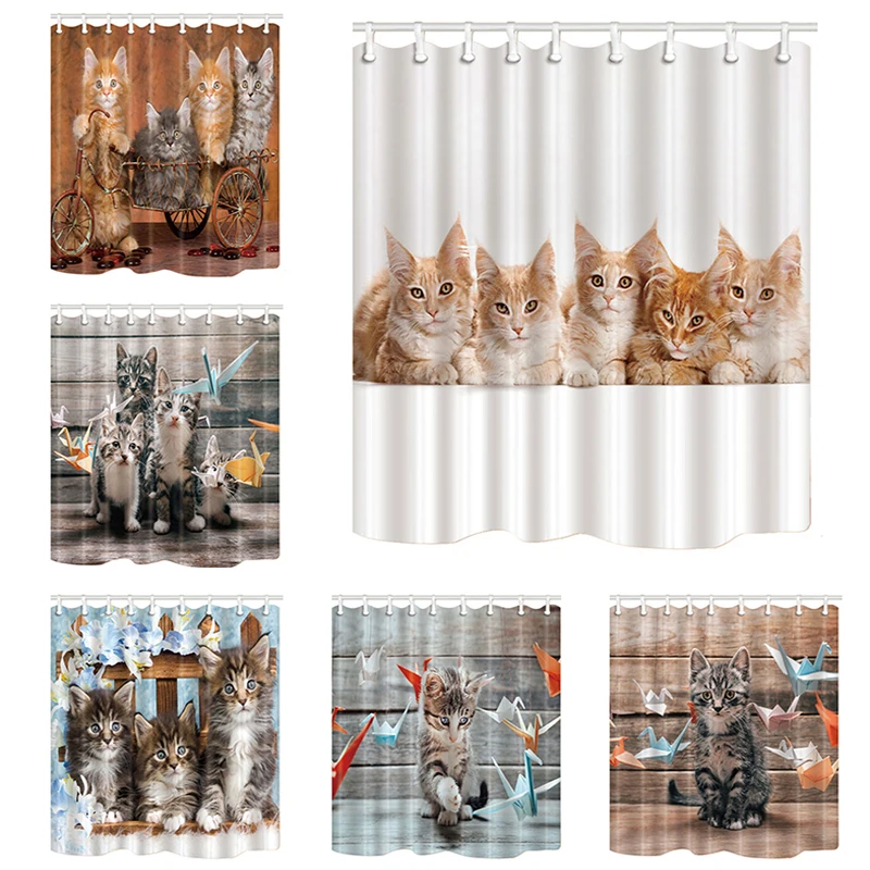 Lovely Cats Print Waterproof Shower Curtain Polyester Fabric Bath