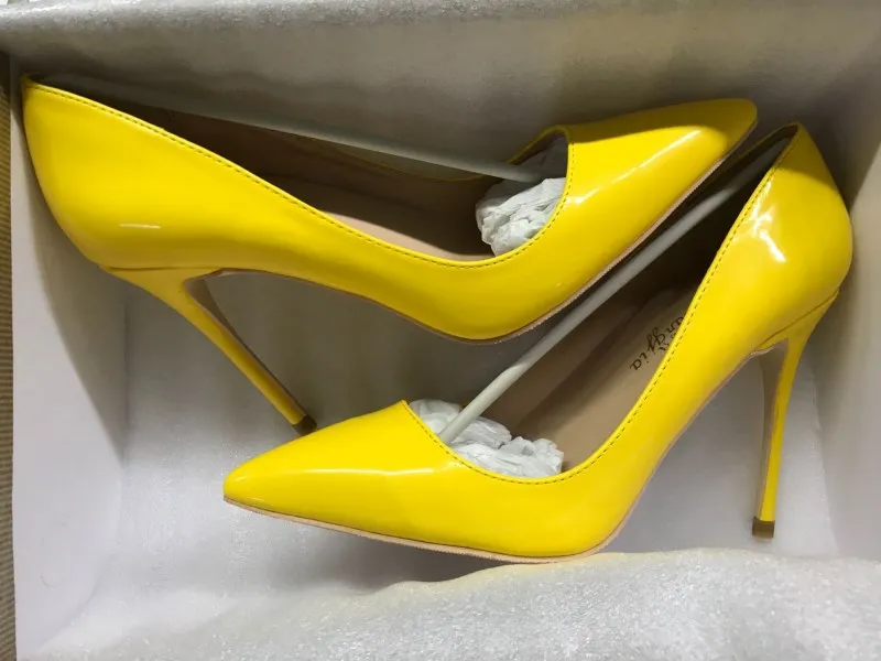 Черные лакированные туфли на высоком каблуке 12 см острый носок женская обувь с закрытым носком пикантные тонкие туфли для ночного клуба пикантные женские тонкие каблуки - Цвет: yellow 8cm