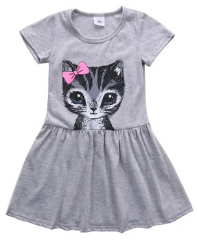 

Hot Sale New 2018 Summer Girl Dress Cat Print Grey Baby Girl Dress Children Clothing Children Dress 0Kids Dresses 90-130cm