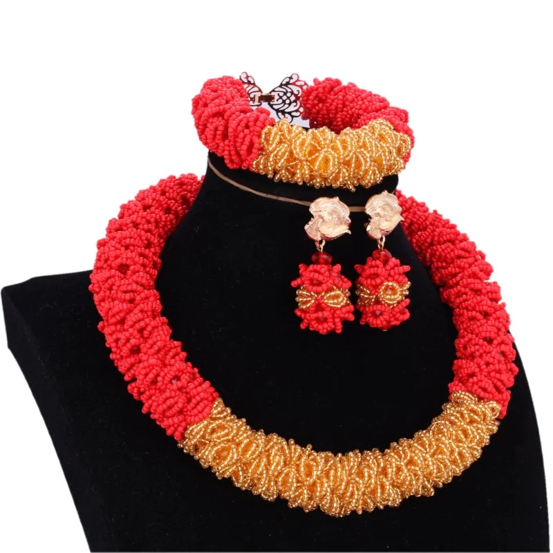

African Gold red Jewelry Sets for Women Bold Nigeria Choker Necklace big Design Dubai jewellery Set For Women Free Shipping 2018
